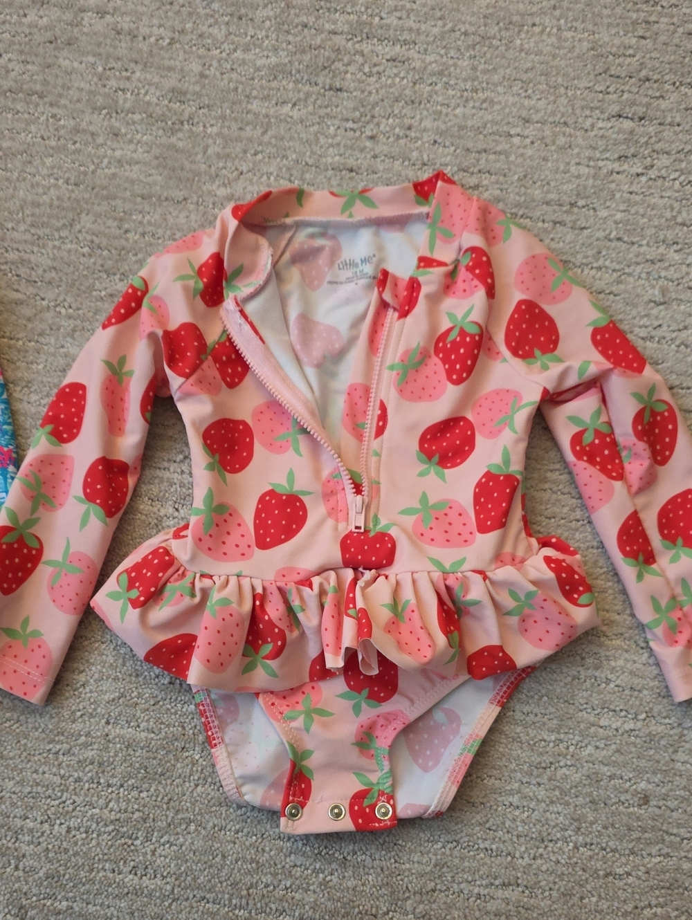 Little Me Pink Strawberry Ruffle Front-Zip One-Piece Swim